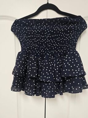 Navy Polka Dot Smocked Strapless Ruffle Top (With Free A GIFT)